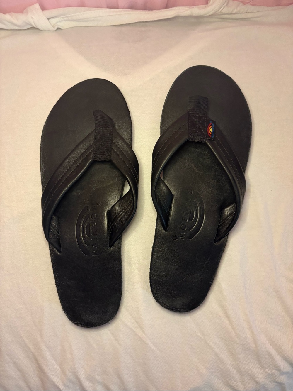 Rainbow Men's Black Leather Flip Flops with Rainbow Stitch Logo